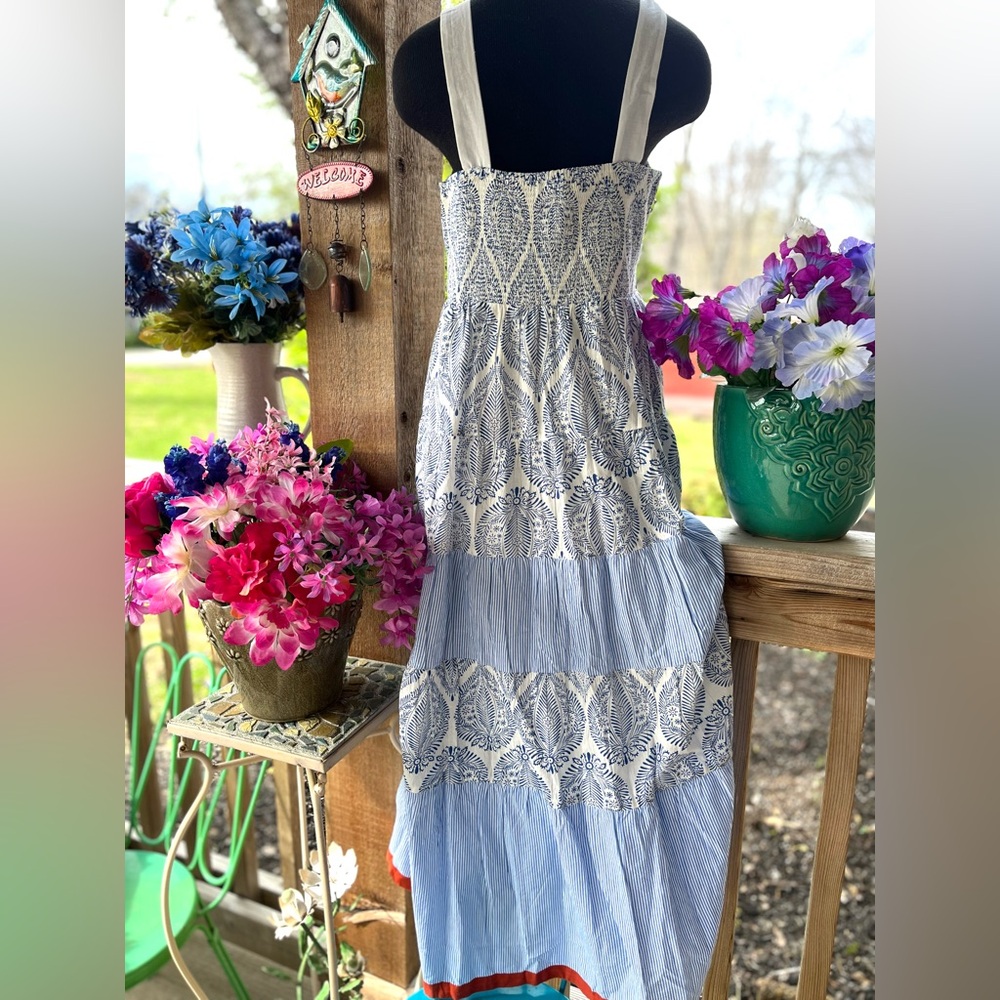 THML Prairie Sleeveless Blue Print Gathered Elastic Top Tiered Skirt Maxi Dress - Picture 5 of 9